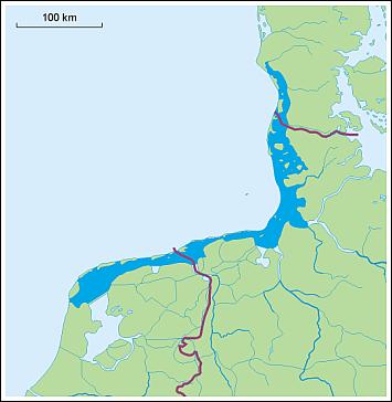 Ryc. 2. Obszar „Morza Wattowego” (kolor ciemno niebieski) wraz z granicami pomiędzy Holandią, Niemcami i Danią.